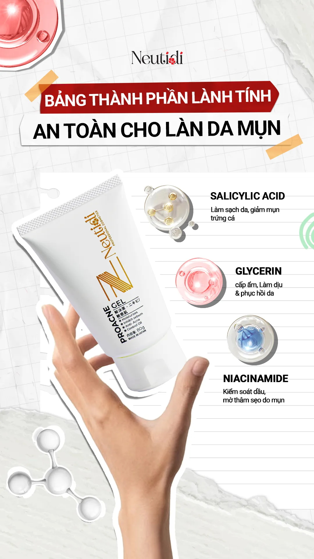 Bảng thành phần lành tính, an toàn cho da mụn