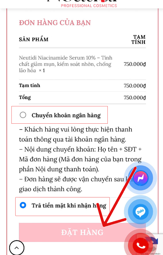Hướng dẫn mua hàng 4 Cách đặt hàng trên Neutidi.com - lựa chọn phương thức thanh toán