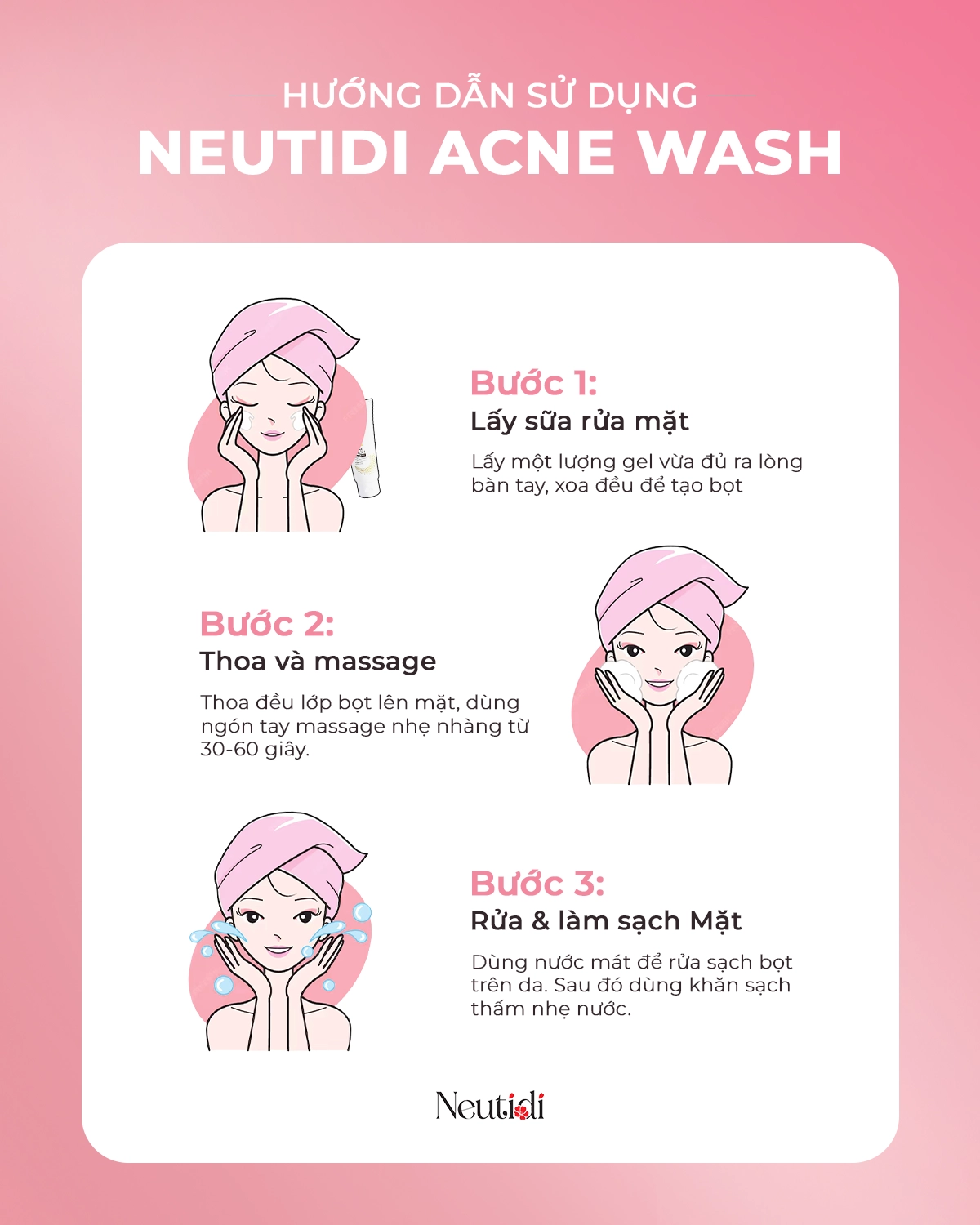 Hướng dẫn cách sử dụng sữa rửa mặt Neutidi Acne Wash