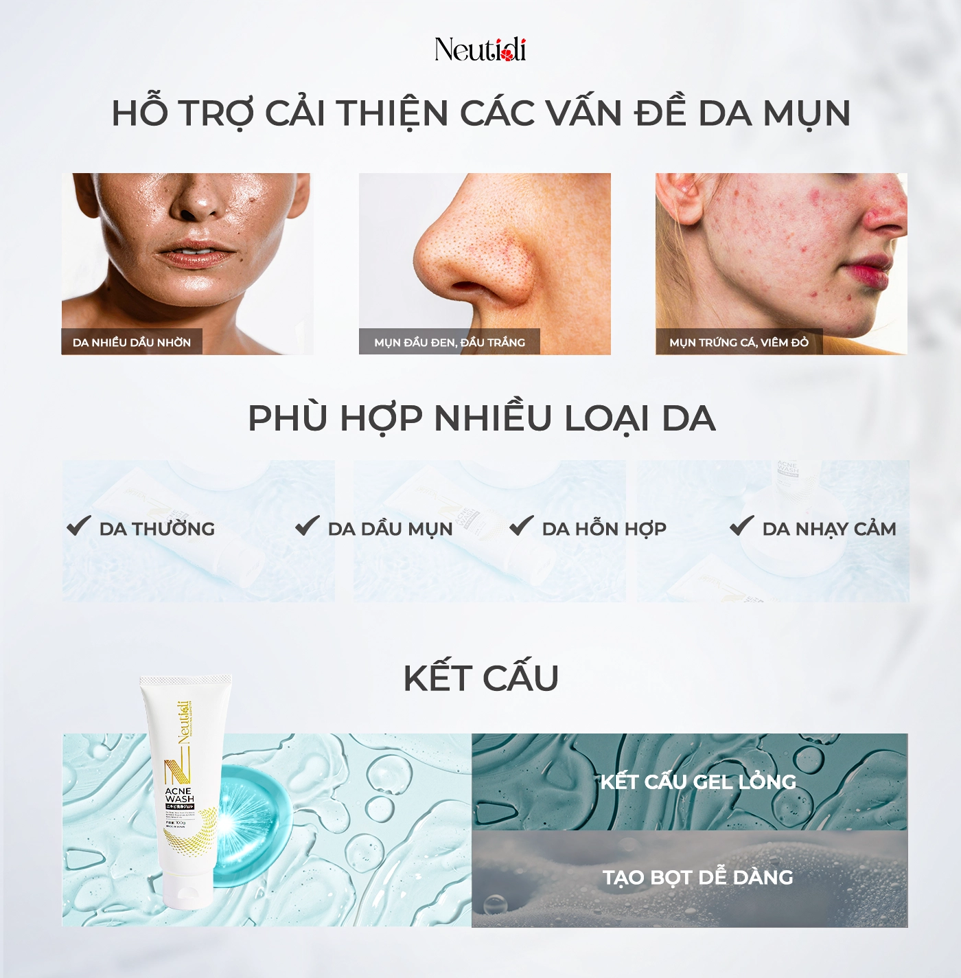 Neutidi Acne Wash phù hợp với da mụn, da dầu, da nhạy cảm, da hỗn hợp