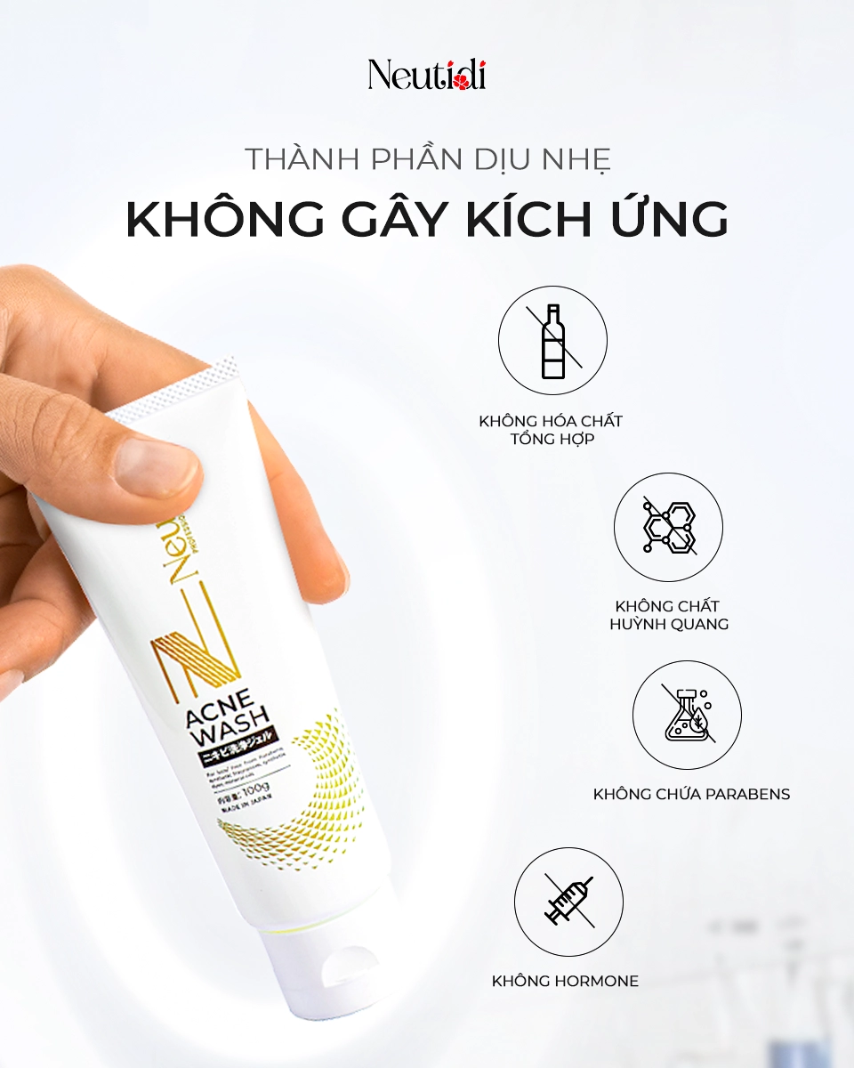 Sữa rửa mặt Neutidi Acne Wash có chứa thành phần dịu nhẹ, không gây kích ứng cho da mụn