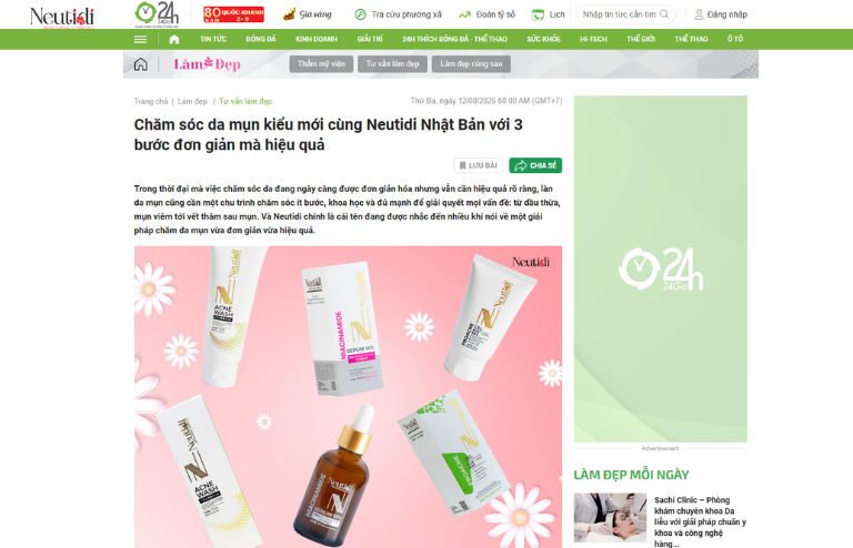 Báo 24h nói về dược mỹ phẩm chăm sóc da mụn neutidi