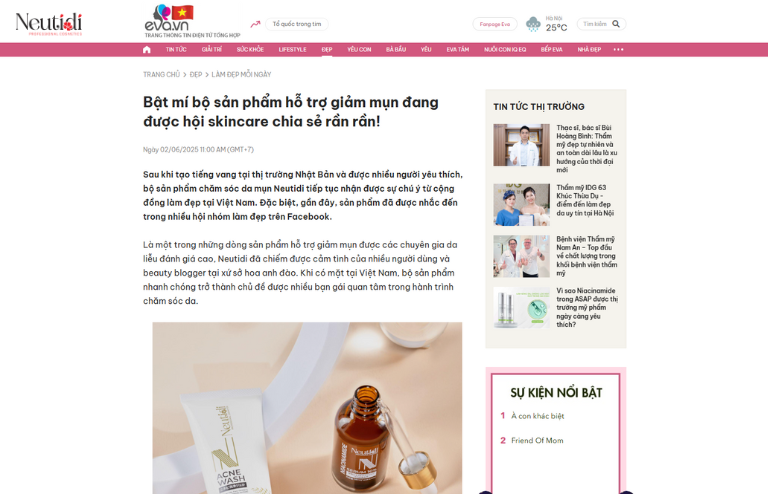 Báo Eva.vn nói về thương hiệu chăm sóc da mụn Neutidi