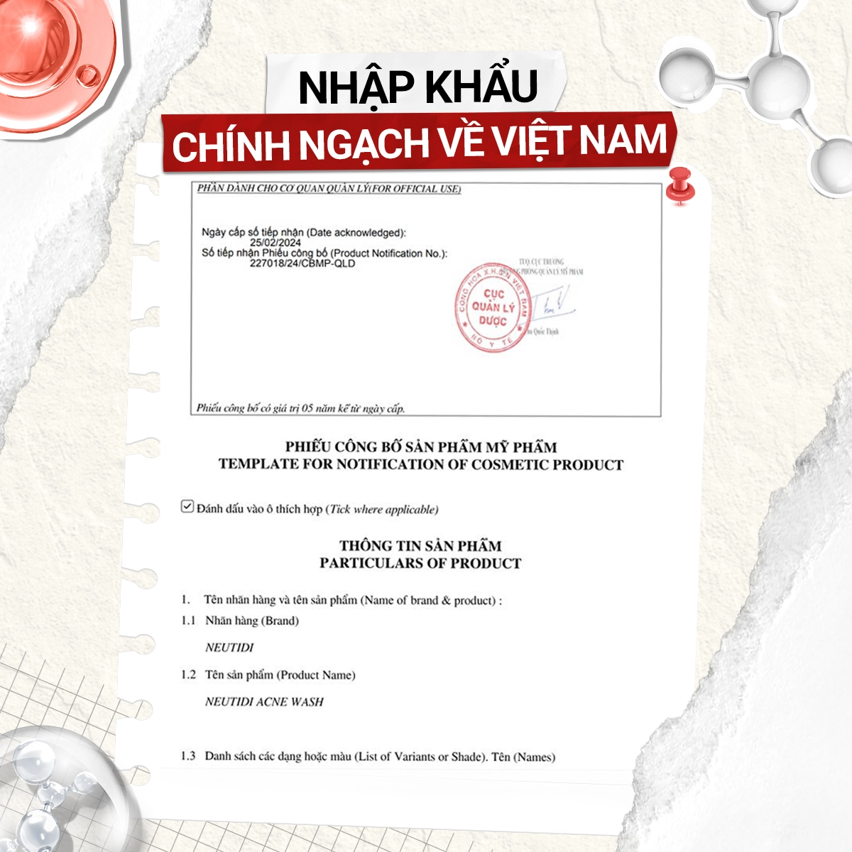 Giấy công bố sữa rửa mặt Neutidi Acne Wash