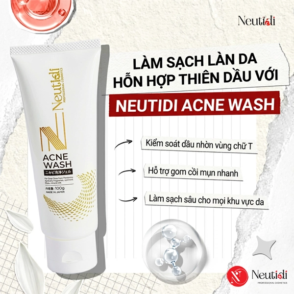 Gel rửa mặt Neutidi Acne Wash phù hợp cho da hỗn hợp thiên dầu