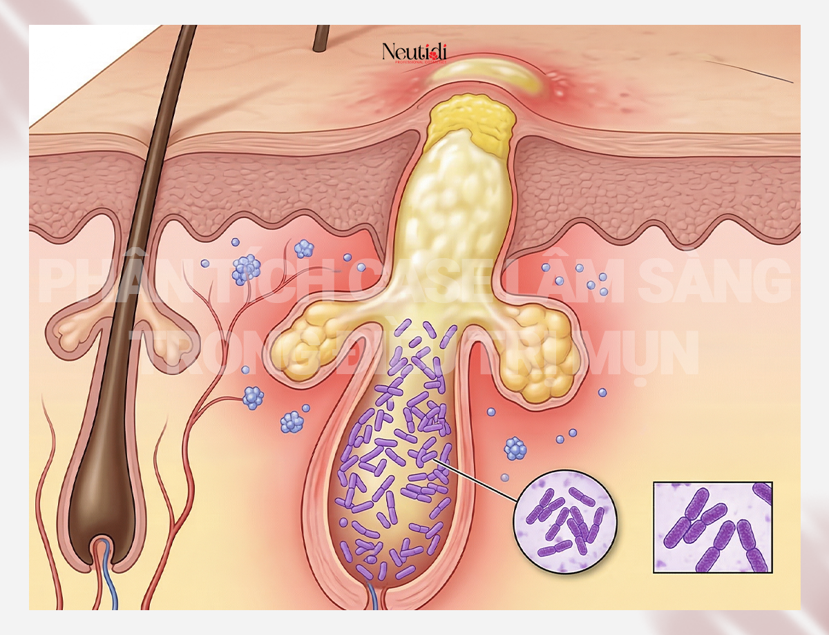 Cơ chế bệnh sinh của mụn trứng cá là gì? 2 4 cơ chế bệnh sinh của mụn trứng cá được nêu rõ trong ấn bản: Phân tích ca lâm sàng trong điều trị mụn