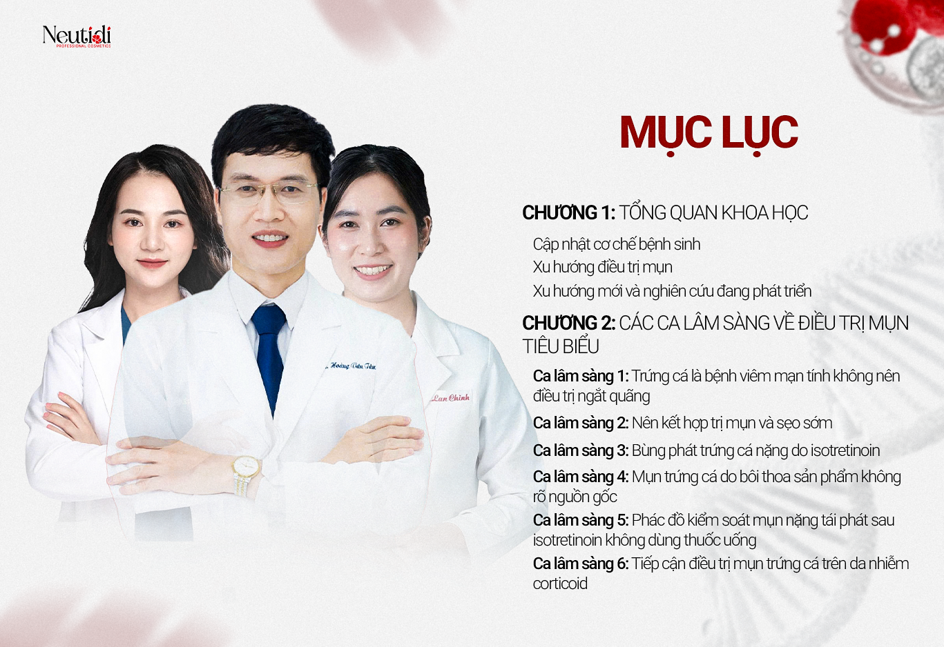 Neutidi phát hành ấn phẩm: PHÂN TÍCH CA LÂM SÀNG TRONG ĐIỀU TRỊ MỤN 3 Mục lục nội dung ấn bản: Phân tích ca lâm sàng trong điều trị mụn