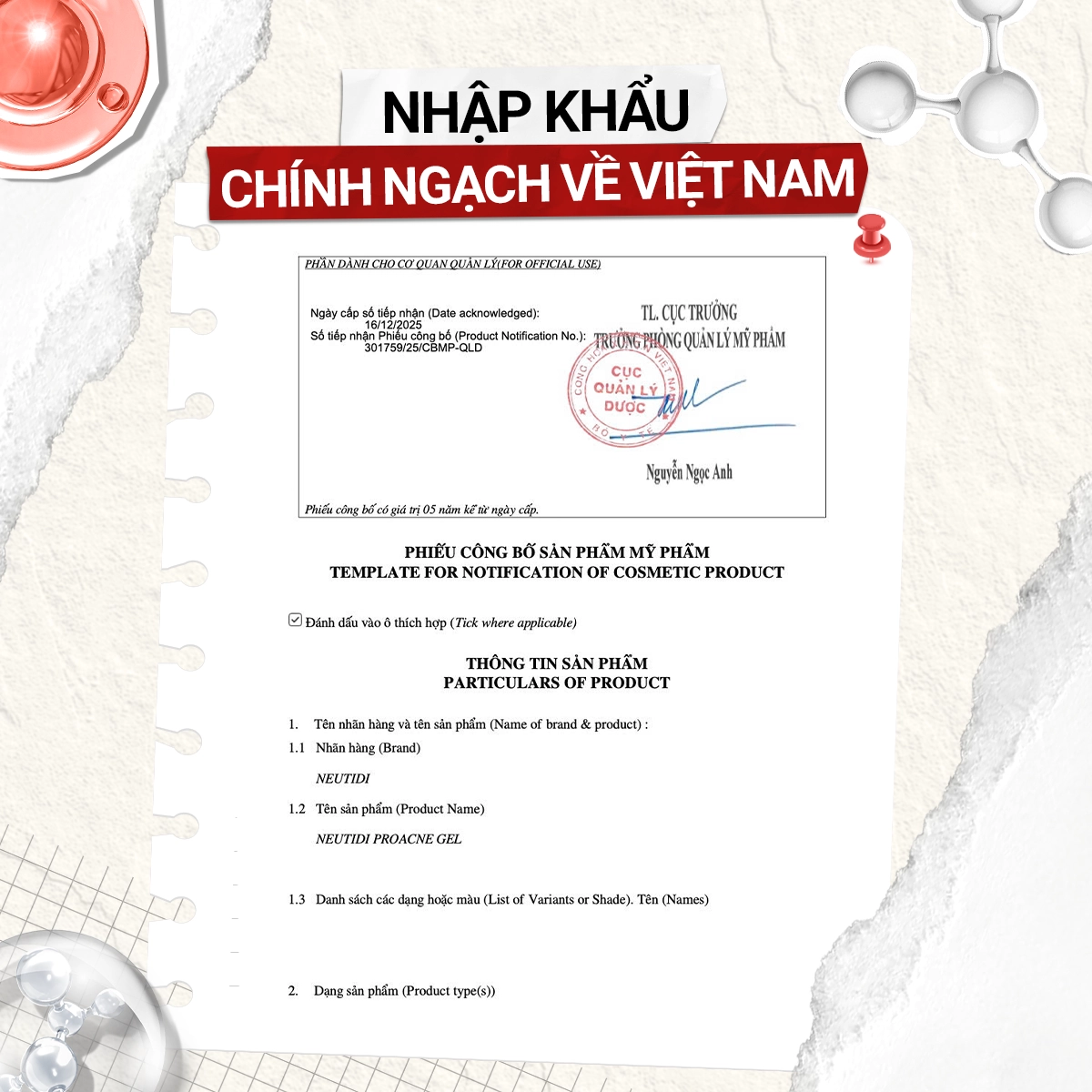 Giấy Công bố của Neutidi ProAcne Gel